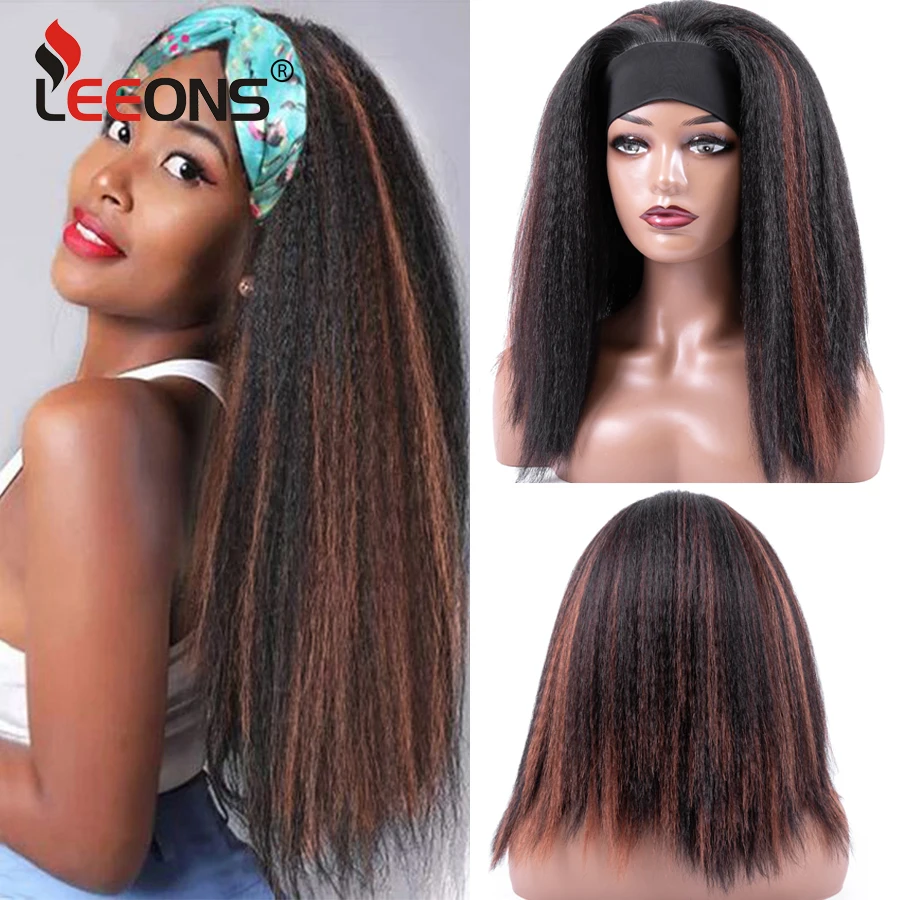 

Synthetic Head Wrap Wigs For Black Women Kinky Yaki Straight Headband Wigs 16 Inch Wig High Temperature Heat Resistant 1B/27
