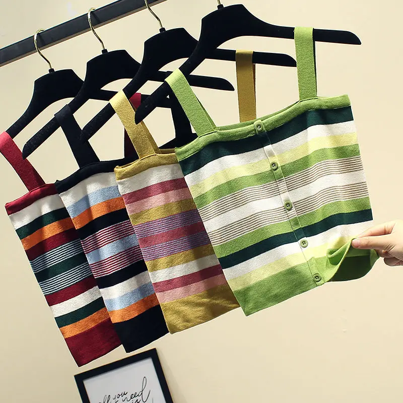 

Women Corset Tops High Waist Short Vest Rainbow Striped Knitted Tight Braces Sleeveless Top Tank Camis Crop Top For Women