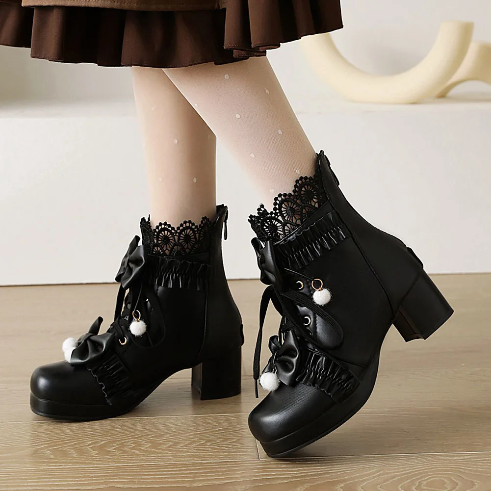 

2022 Spring Female Ankle Boots Platform Square Heel With Butterfly-knot Fashion Sweet Cute Lady Office Woman Shoes Boots