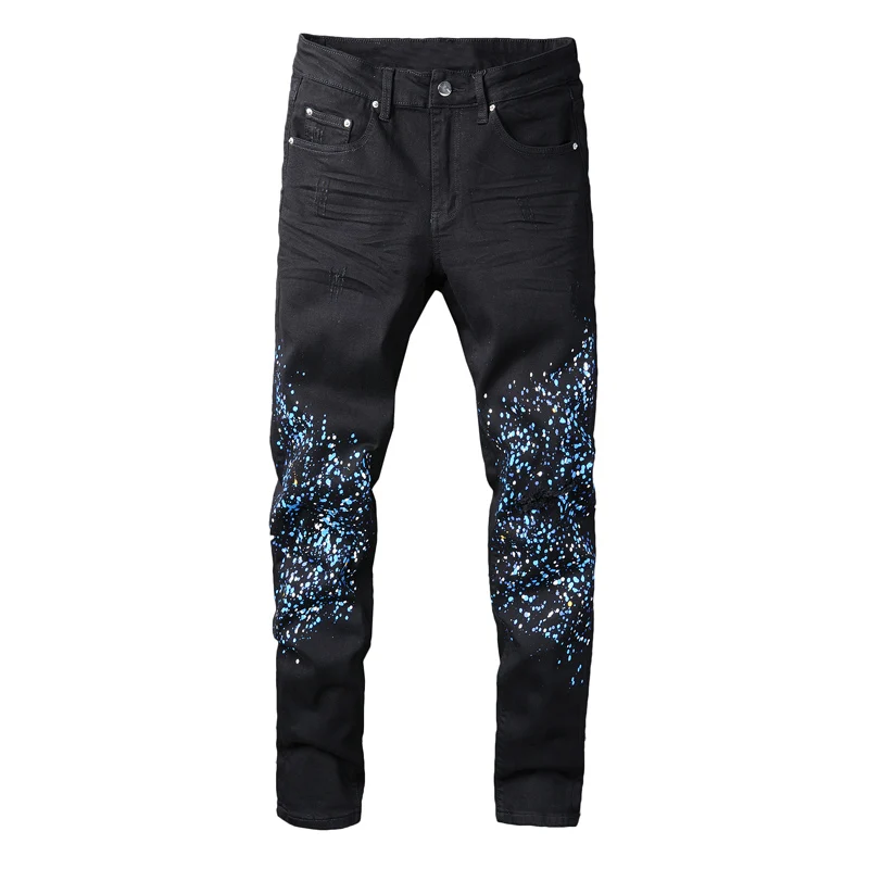 Street Style Fashion Men Jeans High Quality Black Elastic Slim Fit Ripped Jeans Men Splashed Designer Hip Hop Denim Hole Pants