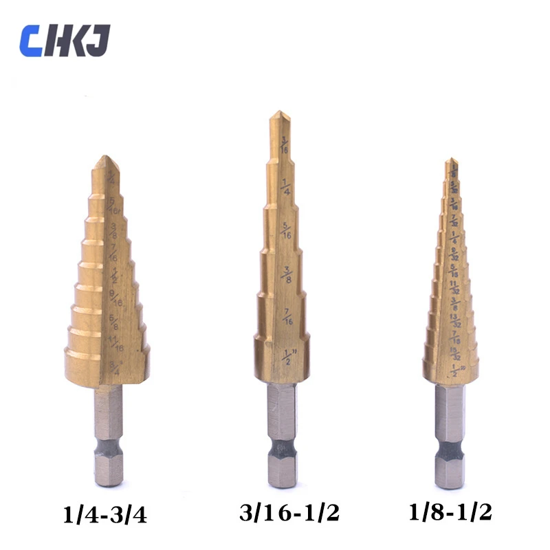 

CHKJ 3pcs inch hexagon shank step drill high-speed steel reaming hole tool set straight groove titanium-plated pagoda drill bit