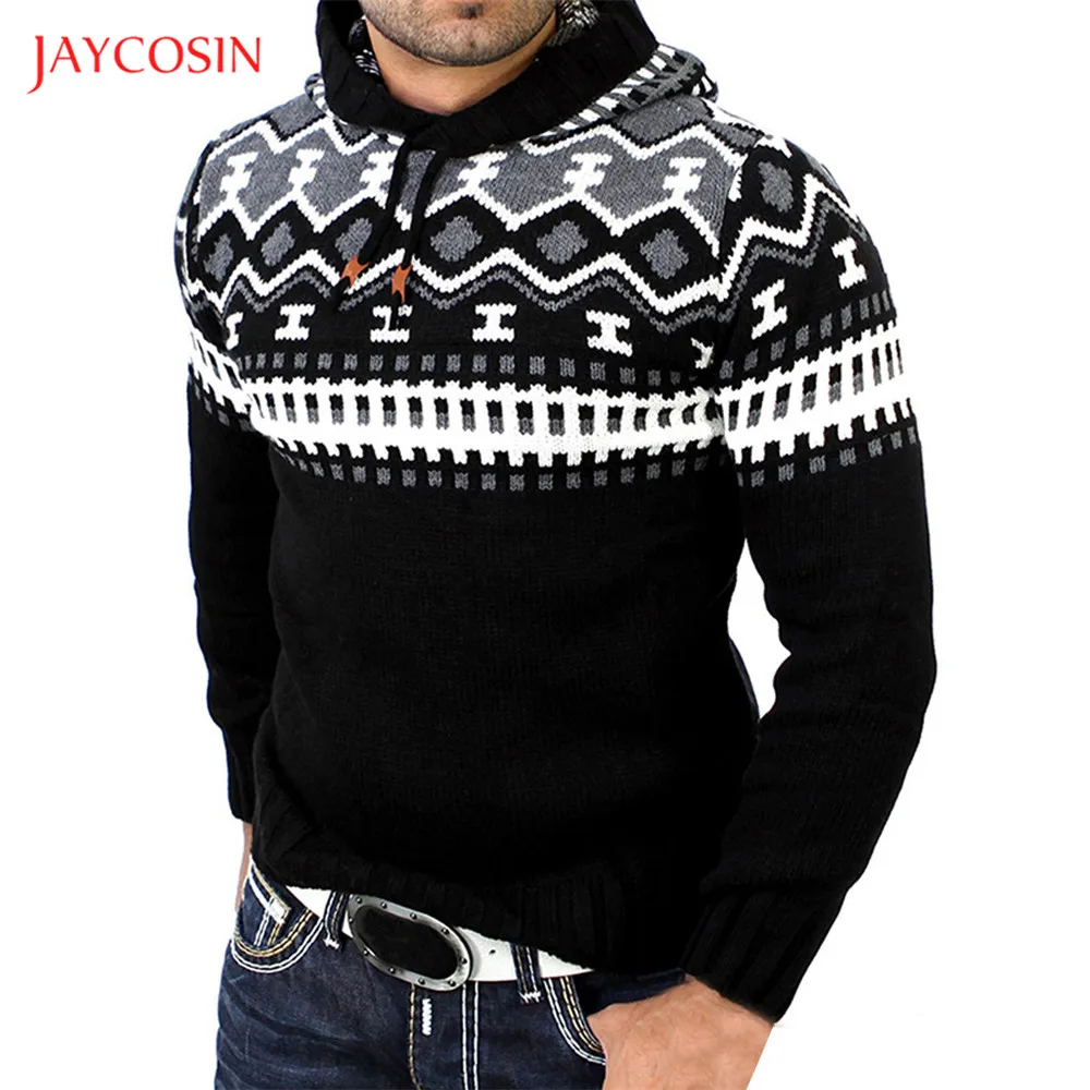 Joycosin 2019 New Autumn Winter Men Printed Pullover Hooded top Patchwork Diamond Knitted Warm Hoodies Sweatshirt Drawstring | Мужская