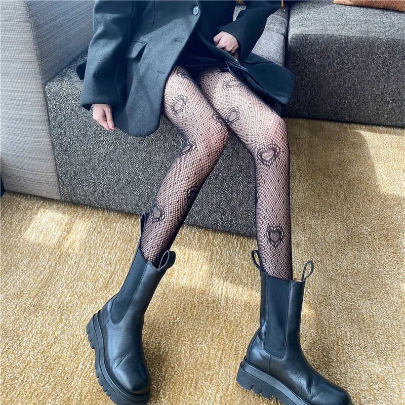 Women Black Heart Dot Jacquard Fishnet Pantyhose Punk Hollow Out Tights Black Heart Dot Jacquard Stocking Cosplay Party Lingerie