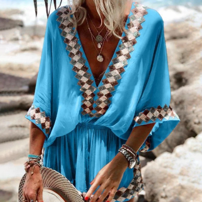 

Women Sexy Deep V-Neck Flare Sleeve Short Dress Casual Loose Half Sleeve Print Mini Fashion Vintage Bohemian Dresses