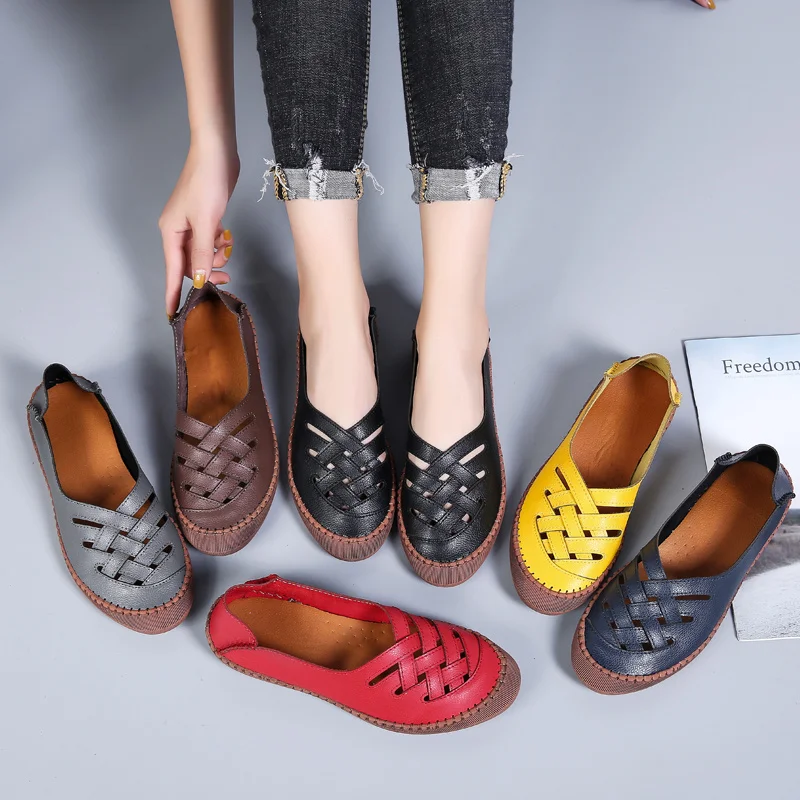 Туфли женские кожаные на плоской подошве дышащие лоферы без застежки