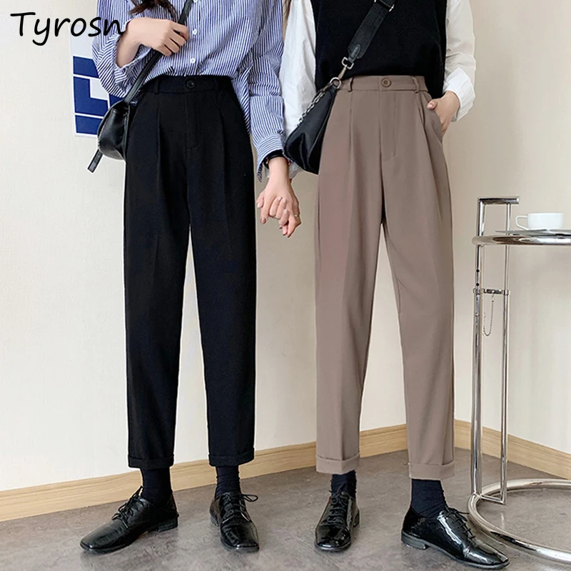 

Casual Pants Women Solid Black Retro Ankle-length High Waist Trousers Japanese Style Zipper Fly Trendy Straight Pant Office Lady