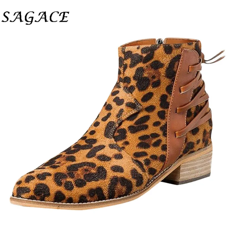 SAGACE Shoes ladies flock Ankle boots Leopard women Round Toe square heel zipper 2019 winter Middle platform | Обувь