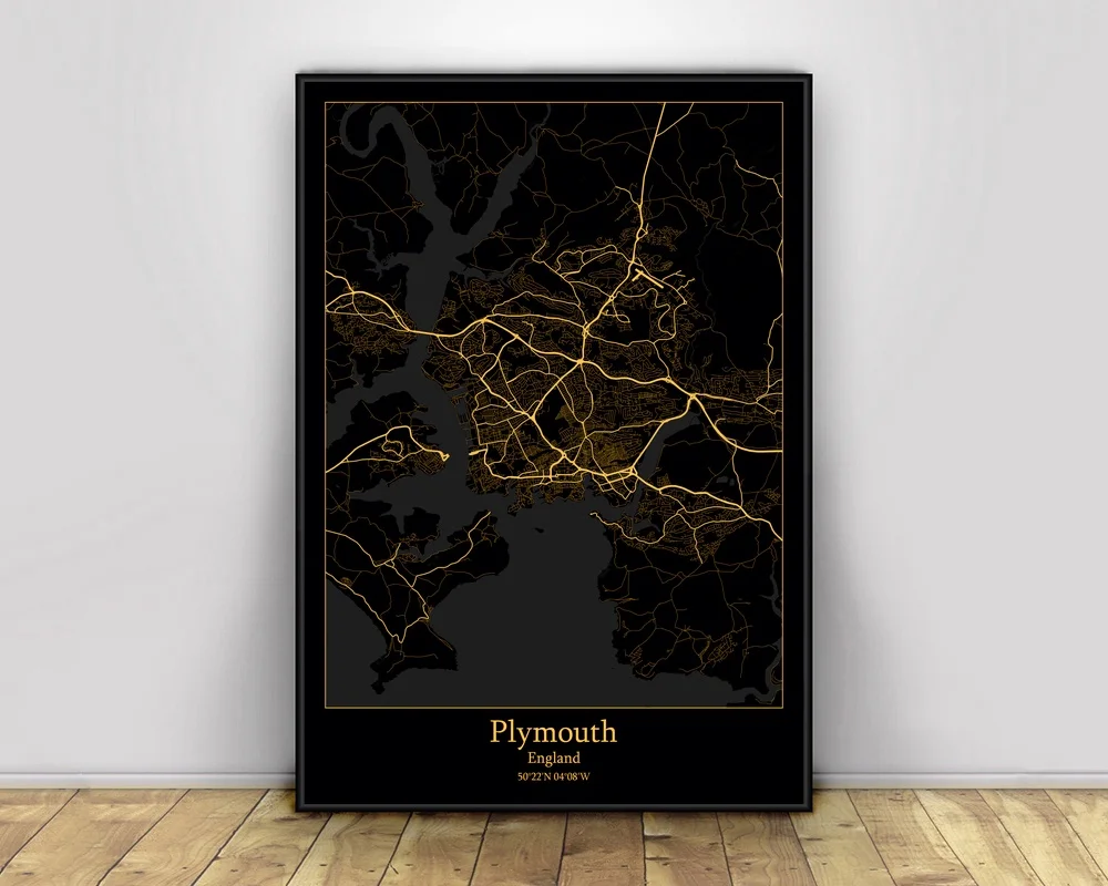 Plymouth Англия черные и золотые города легкие карты обычные карта городов мира