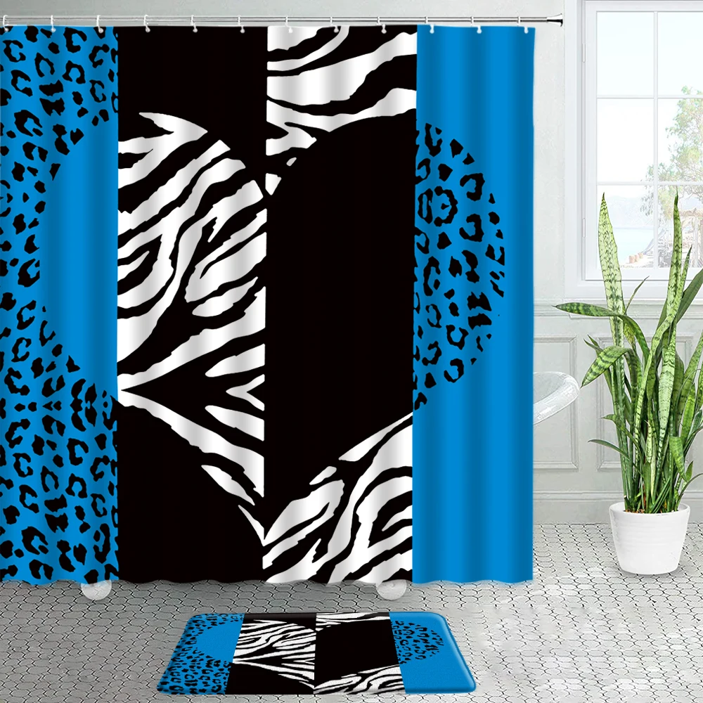 

Синяя леопардовая занавеска для душа, набор ковриков для ванной, домашний фланелевый нескользящий коврик с рисунком сердца черного, белого ...