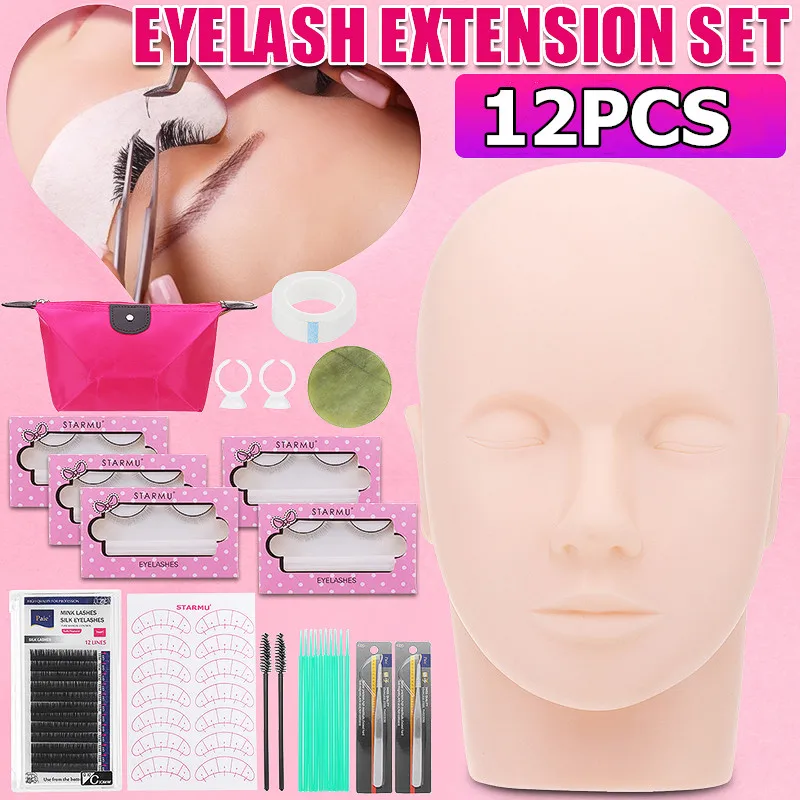 

12 in 1 False Eyelash Extension Training Kit Practice Model Head Eye Pad Tweezers Glue Ring Brush 12pcs Grafting Eyelash Tools