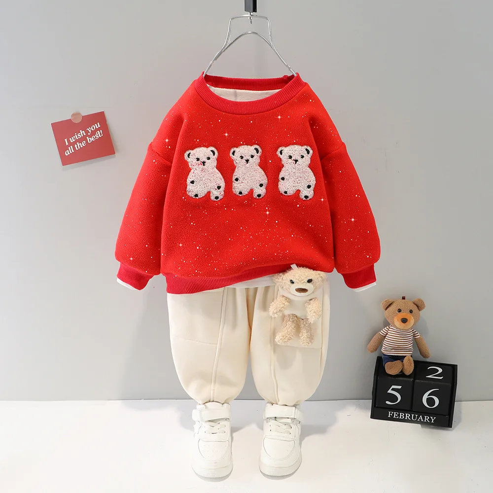 

Winter Baby Clothes Thicken Cartoon Toddler Girl Outfit Fleece Warm Hoodie+Trousers Two Piece Baby Suit Casual Newborn Boy Sets