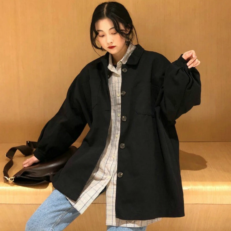 

Trench Women Spring Solid Single Breasted Oversize Loose Womens Coats Fashion Leisure Harajuku Korean Style Ulzzang All-match