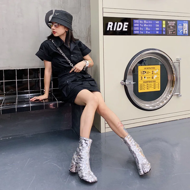 2019 г. женские ботильоны для подиума с серебристыми блестками ботинки на не