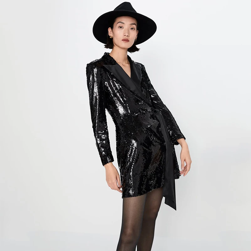 ZA 2019 новый костюм расшитый пайетками платье для женщин контрастный с отворотом