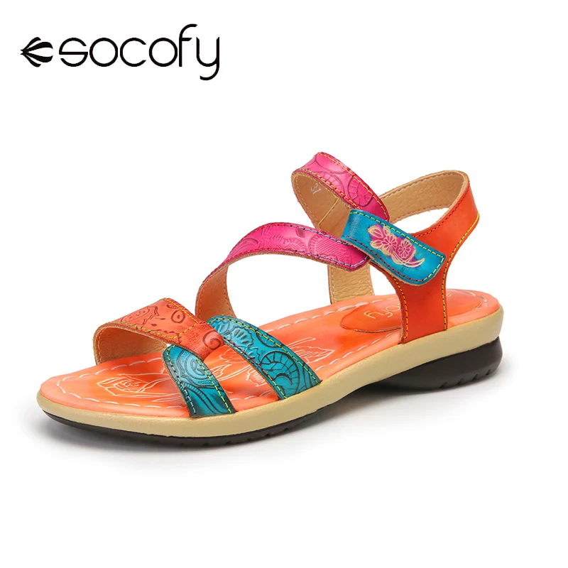 

SOCOFY Women Colorblock Printed Sandals Genuine Leather Adjustable Hook Loop Shoes Round Toe Casual Outdoor Ladies Beach Sandals