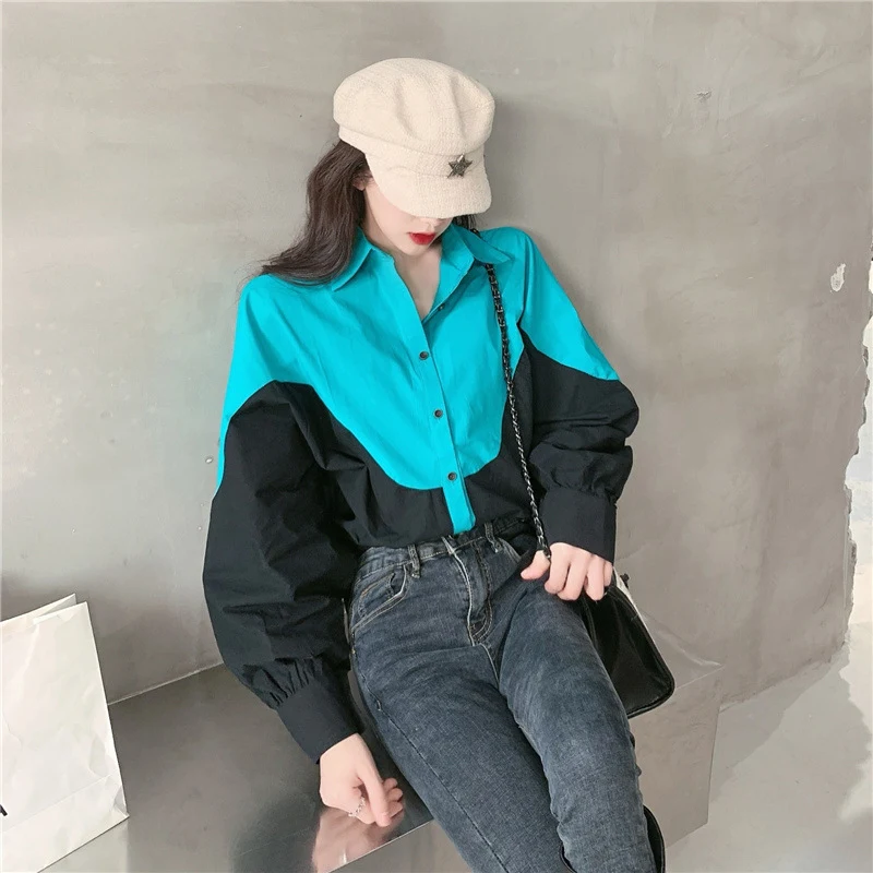 

TIGENA Women Blouses and Shirts 2021 New Korean Fashion Contrast Loose Button Up Shirt Female Chic Tops Chemises Chemisiers Lady