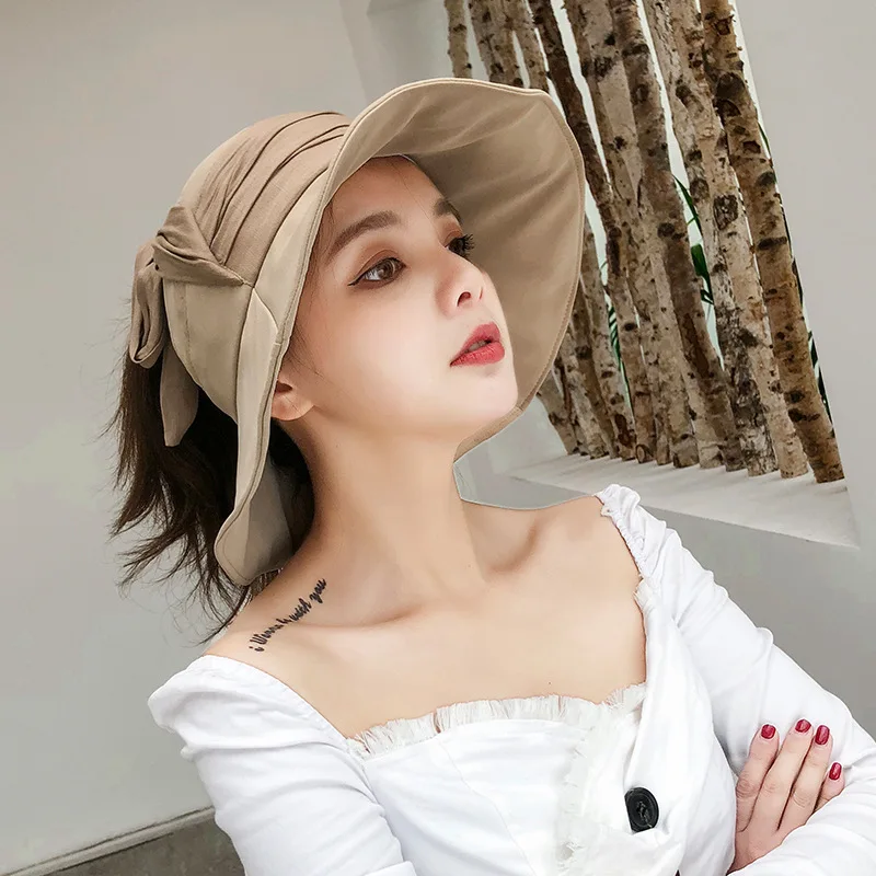 

New Summer Empty Top Sun Hat Women Bow Bandage Big Brim Sunshade Cap Adjustable Fisherman Hat Fashion Travel Anti UV Visor Hat