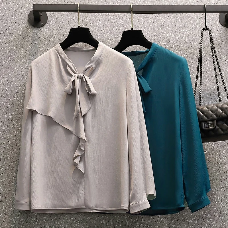 

Grey Bow Long-Sleeved Chiffon Plus Size Korean Autumn Elegant Fashion Blouses And Tops Women'S Oversize Shirt Clothing 2021