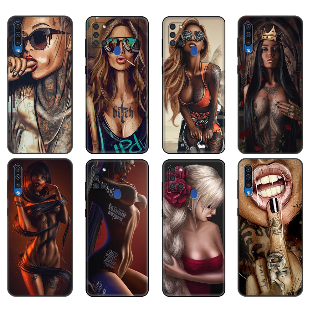 

Black tpu Case For Samsung Galaxy A50 50S A30S A10 A01 A11 A21S A31 A41 A51 A71 M21 M30S S10 LITE Cover Sexy Sleeve Tattoo Girl