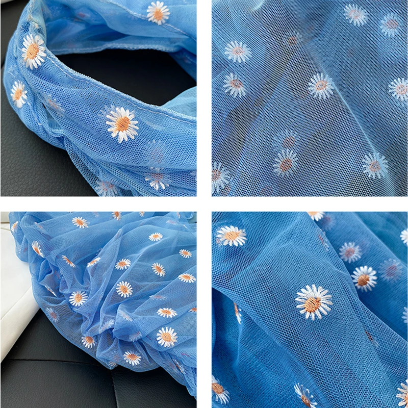 

2020 Women Small Transparent Tote Mesh Cloth Bag Daisy Embroidery Handbag High Quality Eco Fruit Bag Purses For Girls Shopping