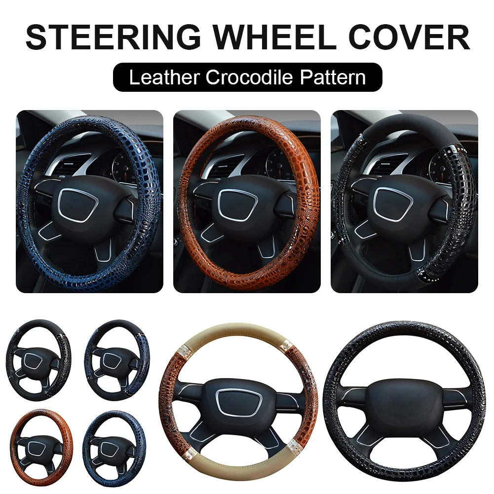 

15" Universal Steering Wheel Cover Leather Crocodile Pattern 38cm Anti-Slip Cover Odorless Car Styling Car Interior Accessories