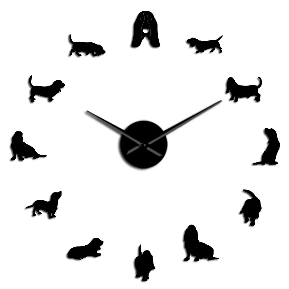 Black Basset гончий акриловый зеркальный Silouette DIY гигантские настенные часы Pet Shop Порода собак большие часы бескаркасные настенные часы для любителей собак подарок - Цвет: Black