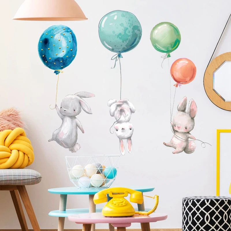 

Balloon & Bunny Wall Stickers Watercolor Nursery Wall Decals DIY Cartoon Animal Neutral Wall Decoration for Kids Room