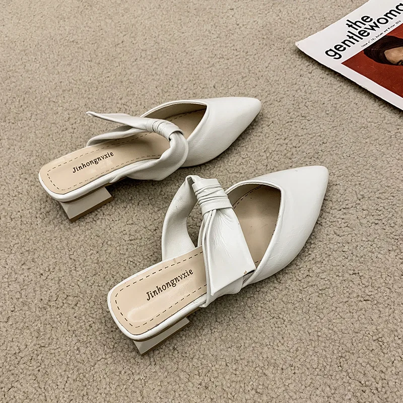 

Pointed Toe Slippers Soft Low Shoes Woman 2021 Pantofle Square heel Luxury Slides Platform Comfort New Cover Block Designer