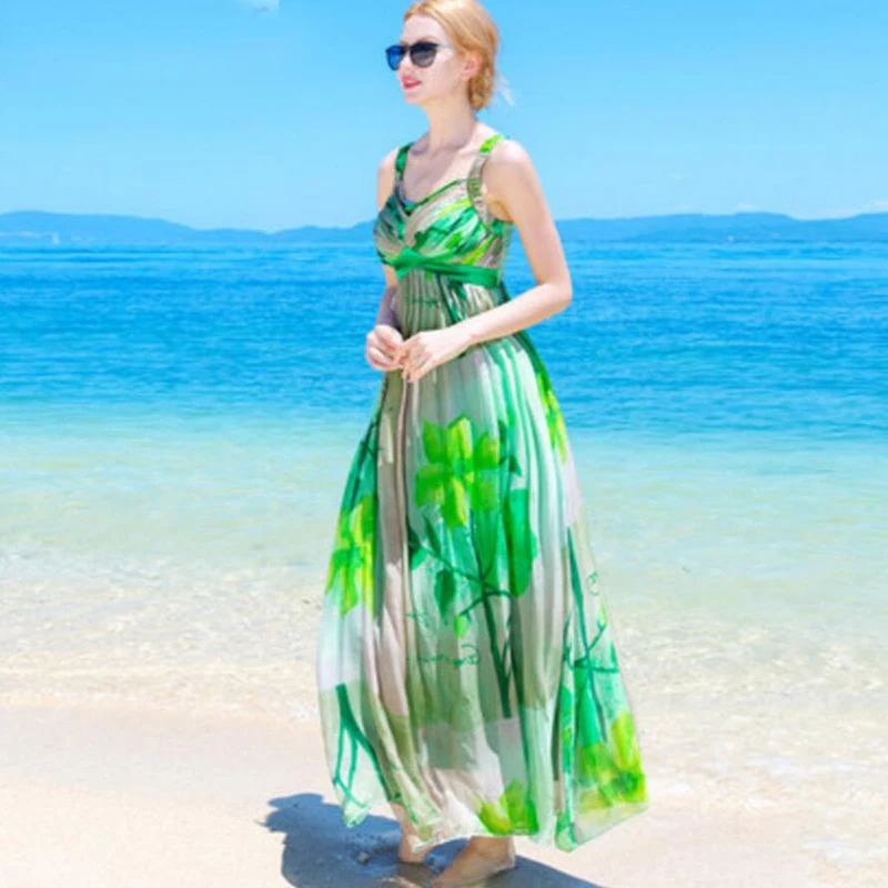 Шелковое летнее платье для женщин элегантное пляжное длинное зеленое с принтом