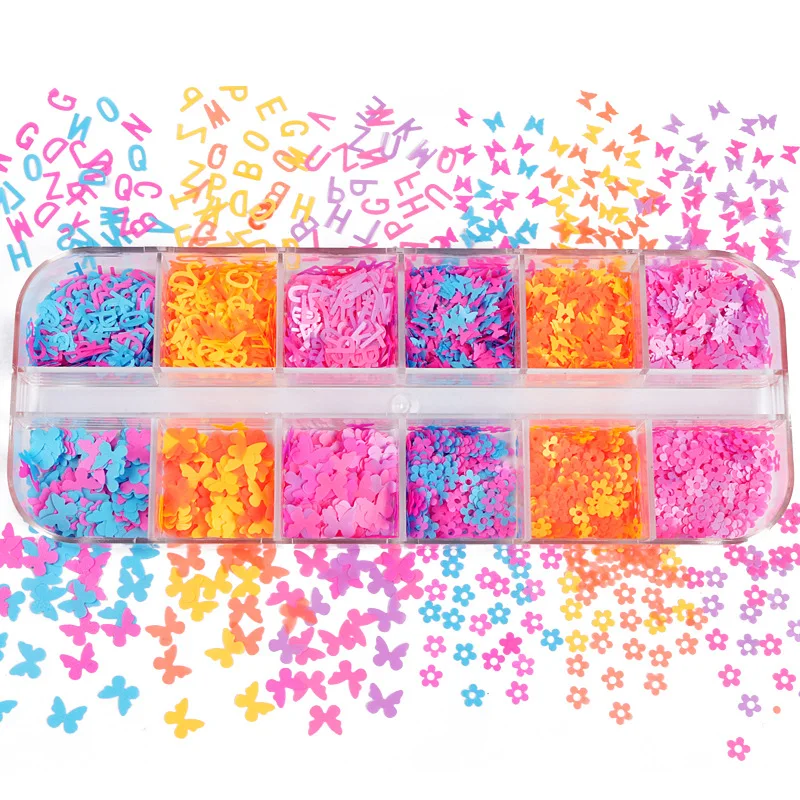 

New 12 Grid Boxed Mixed Color Fluorescent Butterfly Flower Nail Art Sequins DIY Nail Accessories Nail Patch Nail Art Nail Nails
