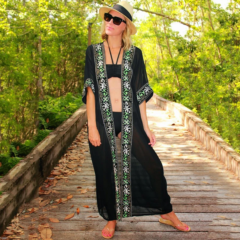 

2022 Kimono Beach Embroidery Chiffon Bikini Cover Up Plus Size Tunic For Beach Kaftan Dress Swim Suit Cover Up Sarong Beachwear