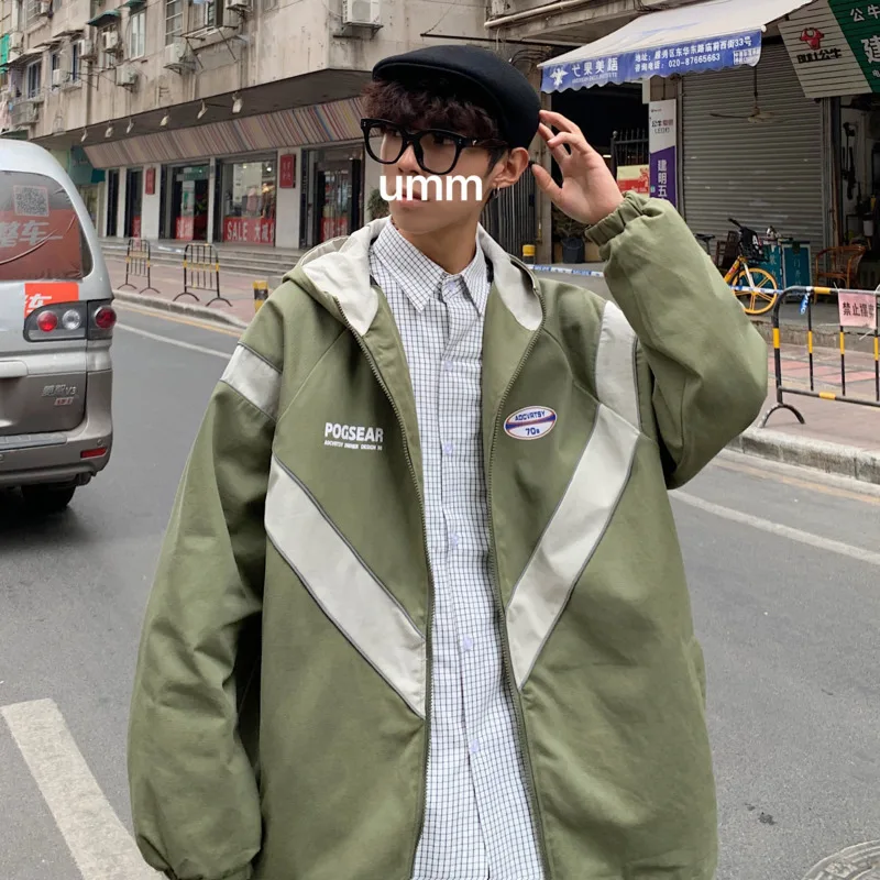 

2020 Spring And Autumn New Ins Youth Popular Couple 3M Reflective Strip Hooded Jacket Fashion Casual Loose Shirt Black / Green