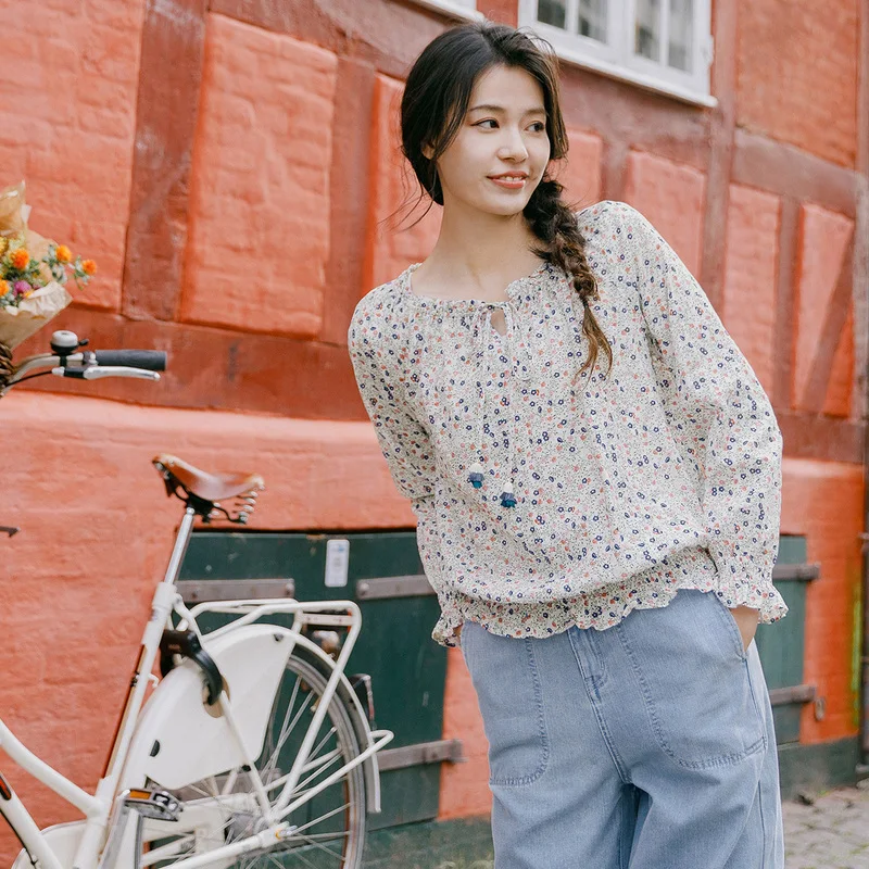 INMAN блузка на весну и осень милая элегантная женская с цветочным узором галстуком