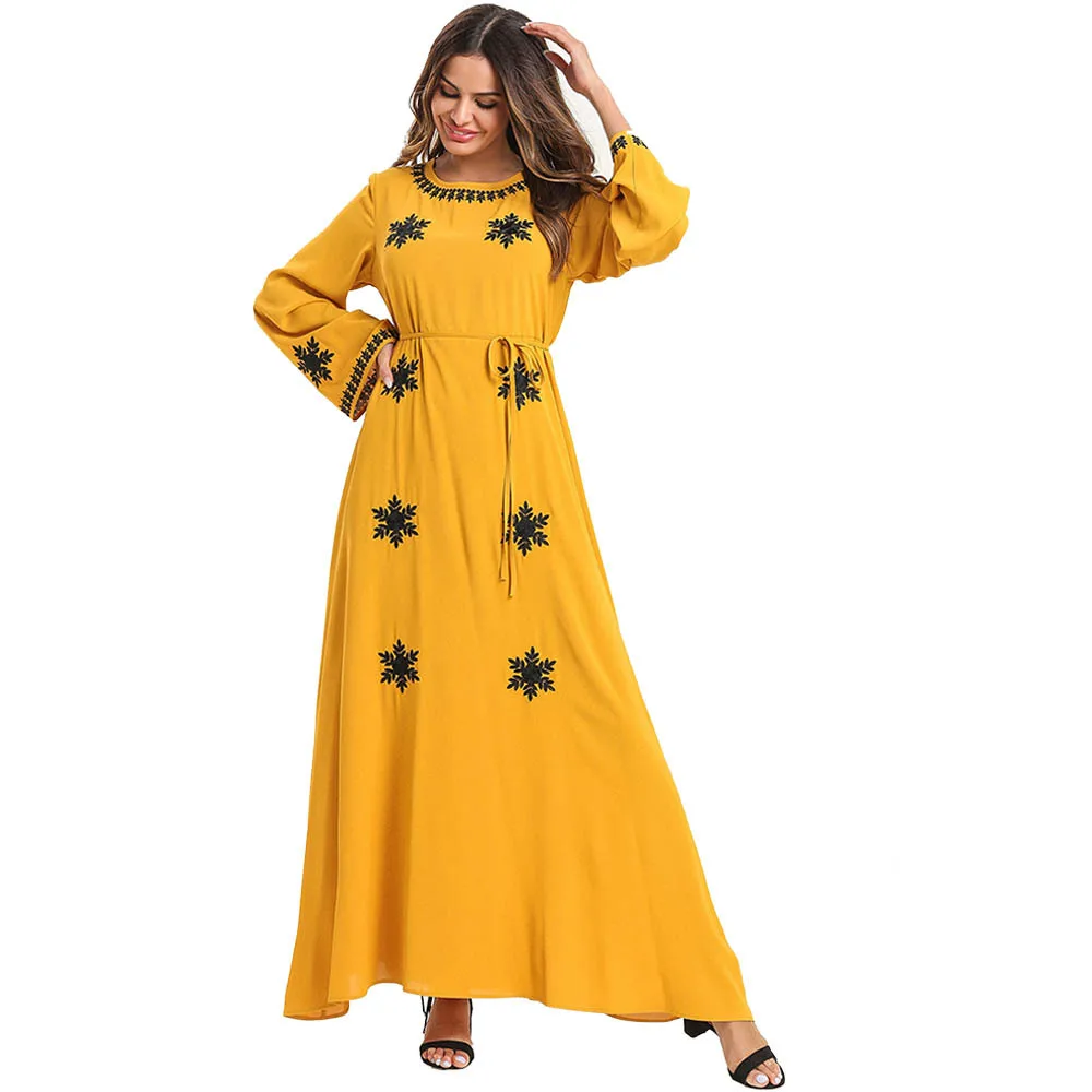 

Abayas For Women Muslim Dress Women Fashion Yellow Plus Size Women'S Embroidered Long Dress Robe Kaftan Islamic Clothing SL1496