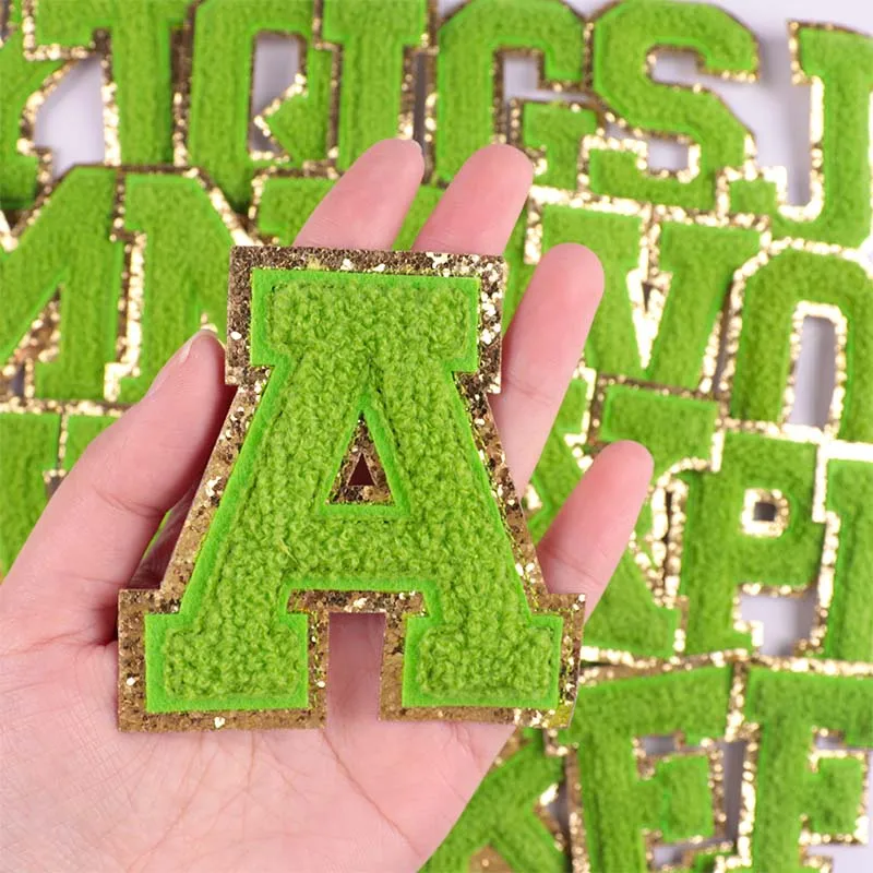 Зеленые нашивки с буквами и блестками полотенце вышитые для одежды сделай сам