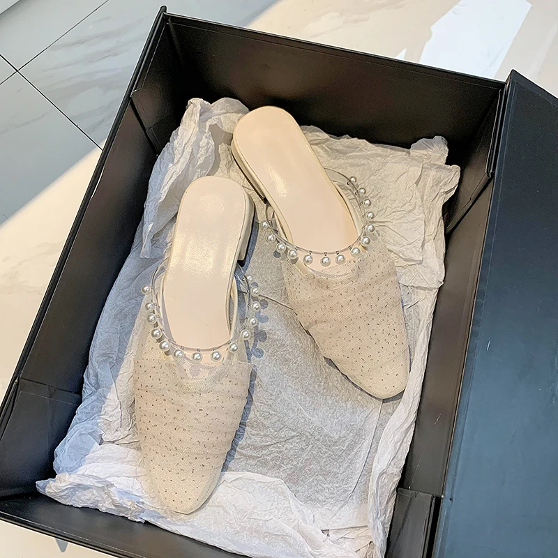 

Low Shoes Woman's Slippers String Bead Cover Toe Slides Flock Fashion Female Mule 2021 Soft Luxury Mules Square heel PU Basic Ru