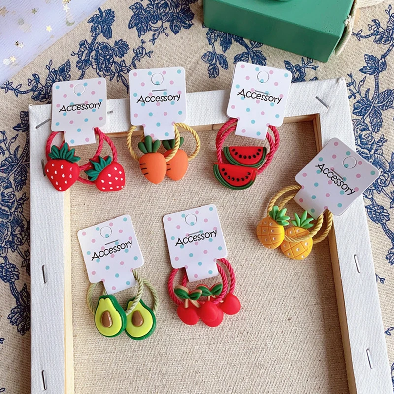 

Милые резинки для волос с фруктами для девочек, 2 шт., эластичные резинки для волос, яркий хвост, модные детские аксессуары для волос