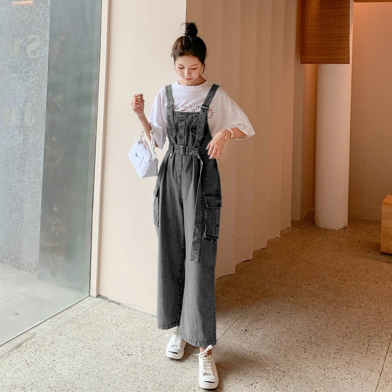 Spring Summer Overalls Women Streetwear Hip Hop Wide Leg Denim Suspender Pants Jeans Loose Harem Jeans Cargo Trousers Jumpsuits