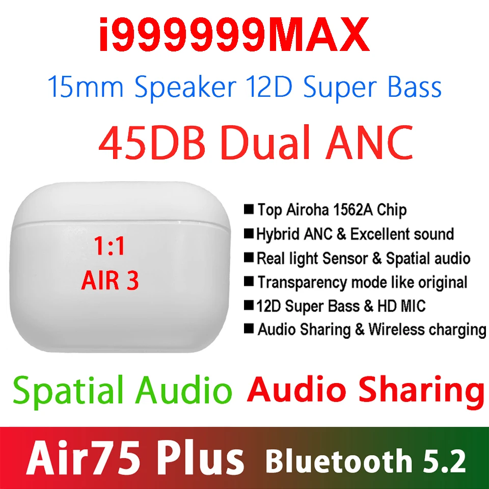 

Оригинальная Беспроводная bluetooth-гарнитура i999999 MAX, Airoha 1562s, наушники для Xiaomi Android Pk i90000 Tws i99999 Pro Air 3