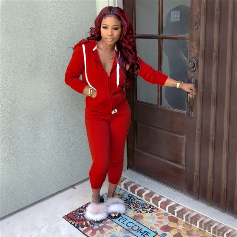 

Hoodies Two Piece Set Solid Color Sportwear Hooded Tops + Long Pants High Stretch Jogging Femme Women Autumn And Winter Clothing
