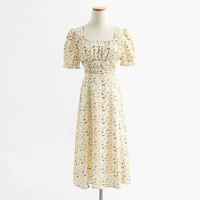 

Fitaylor Summer New Lady Vintage Puff Sleeve Floral Print Chiffon Dress Women Holiday Style Square Collar High Waist Long Dress