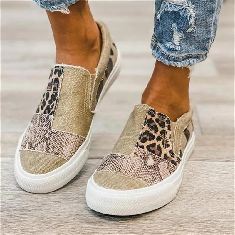 

MPD 2021 New Patchwork Outdoor Female Sport Sneakers Canvas Shoes Spring Leopard Print Comfy Slip on Ladies Large-Sized Flats