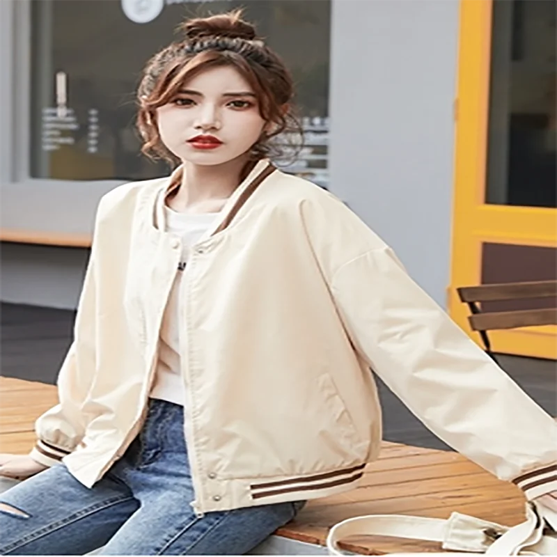 

2021 new spring and autumn zipper pure color casual short loose loose cotton jacket jacket long-sleeved top women