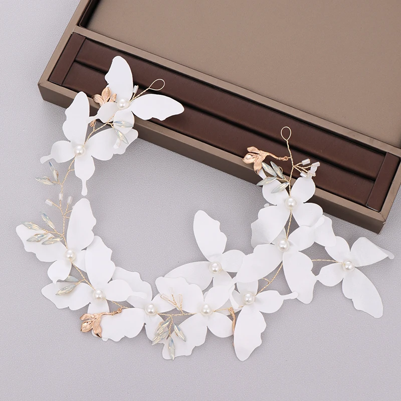 Обруч для волос с белыми повязки на голову бабочками и золотыми жемчужинами