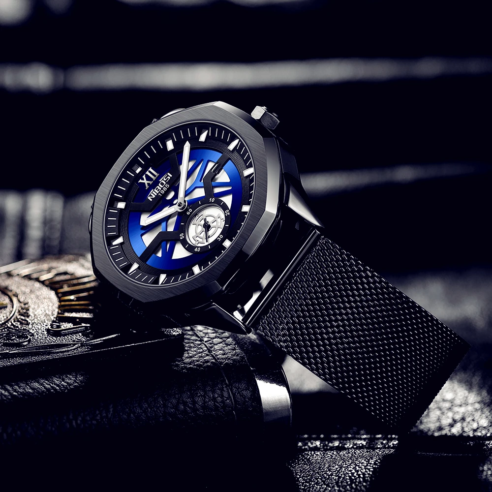 NIBOSI Fashion Mens Watches Top Brand Luxury Quartz Watch Men Casual Mesh Steel Waterproof Sport Black Relogio Masculino | Наручные часы