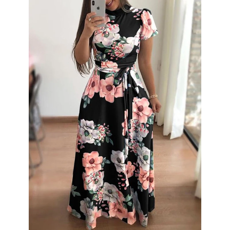 

Summer Flower Print Maxi Dress Women Full Sleeve Round Neck Boho Dresses Women 21 Autumn Plus Size Elegant Dress Female LD1957