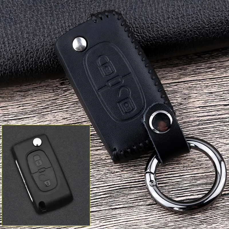 2 Button Black Кожаный Автомобильный Брелок дистанционного управления с ключом чехол Чехол для Citroen C2 C3 C4 C5 C6 C8 для peugeot 207 301 307 308 407 607 807 2008 3008 4008 - Название цвета: 2 Button Black