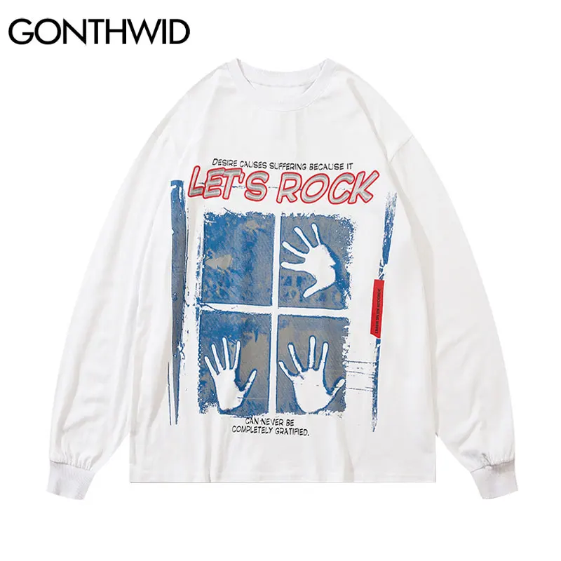 

GONTHWID Tshirts Streetwear Hip Hop Hands Print Punk Rock Gothic Streetwear Tees Shirts Harajuku Fashion Casual Long Sleeve Tops