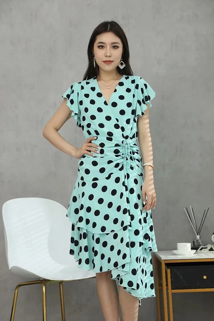 

New Korean Fashion Style Dress 2020 Summer Ladies V-Neck Polka Dot Print Drawstring Waist Short Sleeve Sexy Asymmetrical Dress