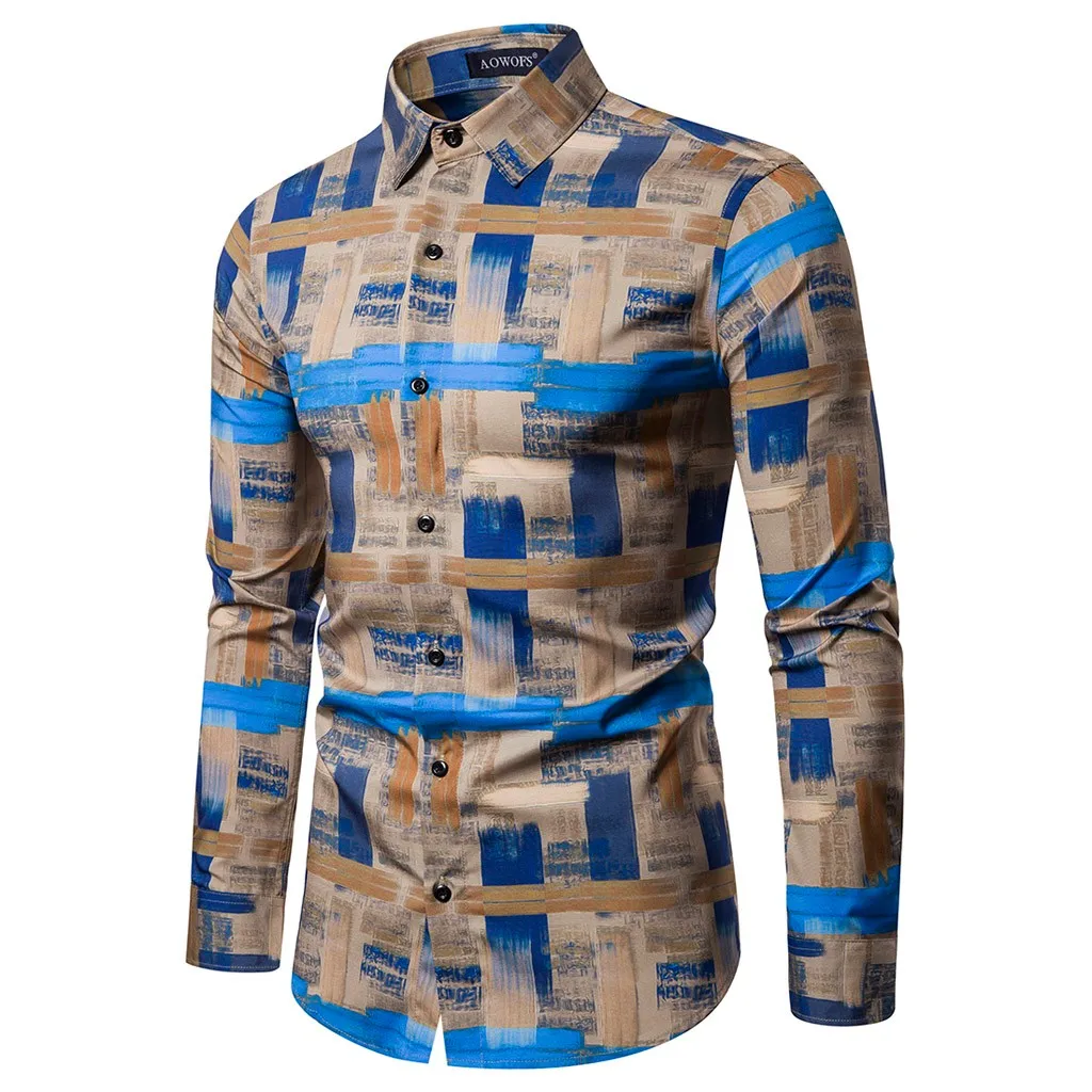 

Men Shirt Ethnic Style Vintage Printed Shirts Slim Long Sleeves Retro Streetwear Cotton Polyester Blouse Stripe Chemise Homme